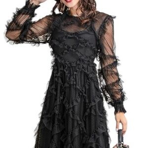 NWT Glory‎ Connection Black Ruffle Maxi Dress Long Sleeve Gothic Formal S